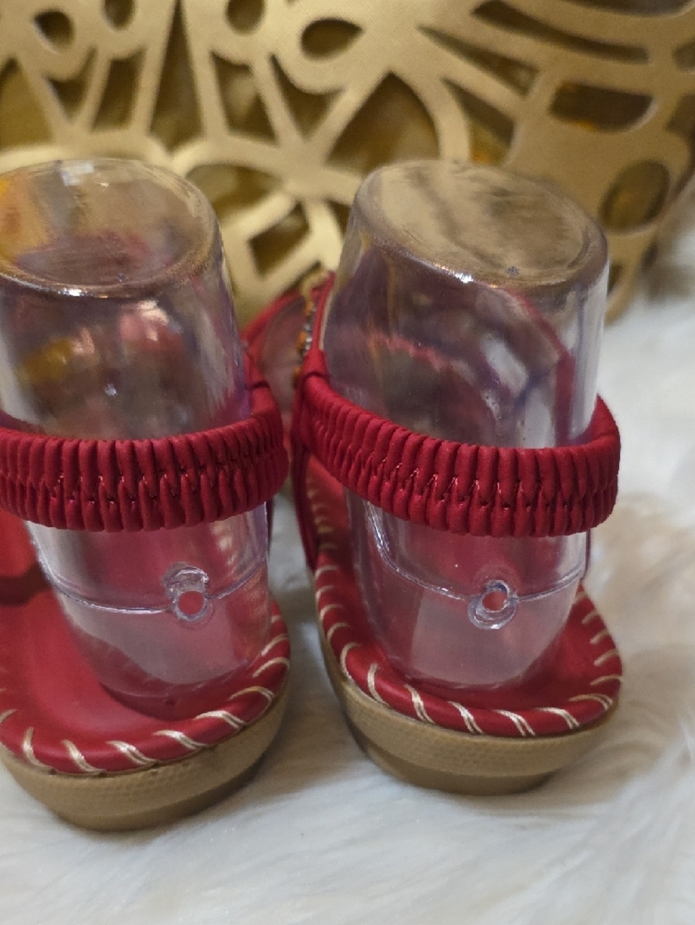 Women's Red Embellished T-Strap Sandals with Wooden Accents - Picture 5 of 8